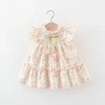 Summer Covered In Tulip Flowers Rabbit Little Flying Sleeve Dress For Kids Girl Cute Princess Dress For Baby Kids